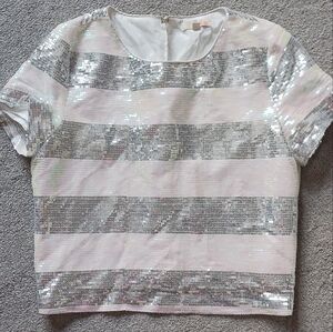 GB Gray and White Short Sleeved Sequined Top